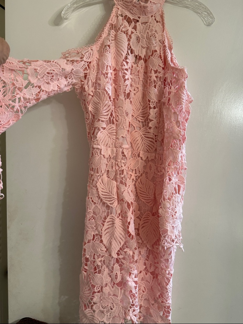 Lace Cold-Shoulder Midi Dress in Pink